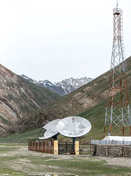 Big satellite dishes antena and solar panels at Rangdum, Padum,