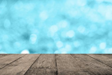 Mavi boş Perspektif Oda parlak bokeh duvar ve ahşap