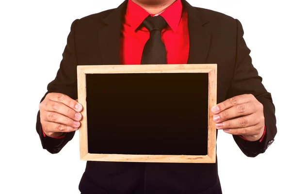 Podnikatel drží desky na bílém pozadí — Stock fotografie