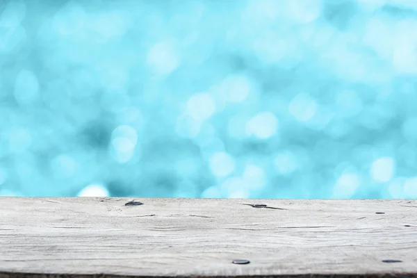 Salle perspective vide bleue avec mur de bokeh scintillant et bois — Photo