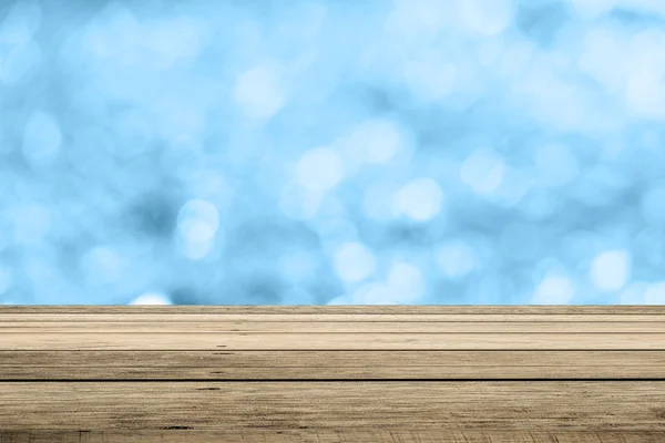 Habitación azul con perspectiva vacía con pared bokeh brillante y madera — Foto de Stock