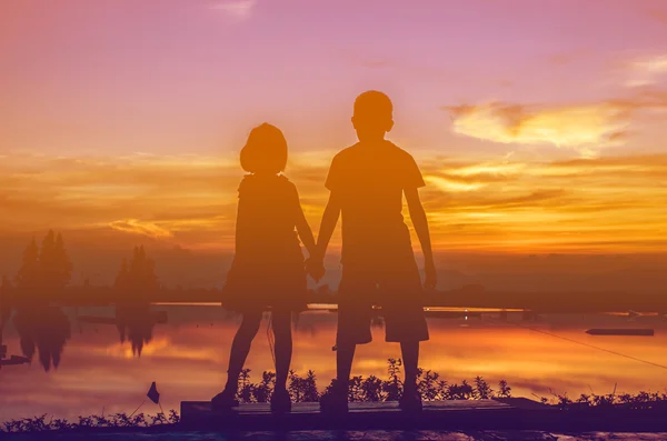 Broer en zus hand in hand samen met zonsondergang. — Stockfoto