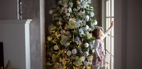 Маленькая Девочка Смотрит Большого Окна Возле Рождественской Елки Ждем Микс — стоковое фото