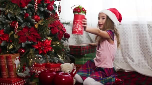 サンタの帽子の小さな女の子は クリスマスツリーの近くに贈り物と黄金の魔法の光を持つ赤い箱を開きます 休日の装飾 モミの木のポイントセット 子供の感情 — ストック動画