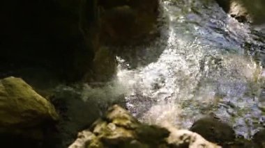 Dağ nehrindeki berrak su gurulduyor ve dalgalanmalar gösteriyor, sarı kumlu tabanı görebilirsiniz. Kayaların arasında su kaynıyor..