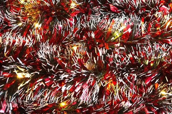 Різдвяний Фон Розмитими Золотими Вогнями Гірлянди Боке Червона Мішура Ялинка — стокове фото