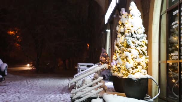 Nocne Miasto Śniegu Dekoracji Ulicy Bożego Narodzenia Śnieg Choinka Girlandy — Wideo stockowe