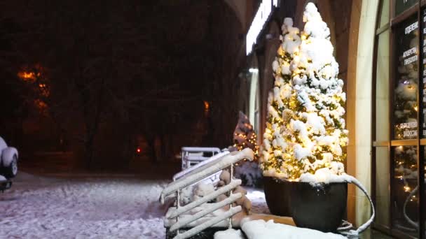 クリスマス街の装飾と雪の中の夜の街 若い女性が歩道上のクリスマスツリーで 雪の下で夜歩くと お祝いの気分を渡します Xmas ロシア語の単語 婦人科 — ストック動画