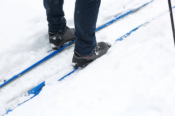 Fötter Skidåkare Pjäxor Längdskidor Går Snön Vintersport Hälsosam Livsstil Närbild — Stockfoto