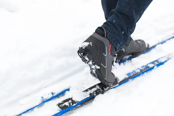 Feet Skier Ski Boots Cross Country Skis Walking Snow Winter — Stock Photo, Image