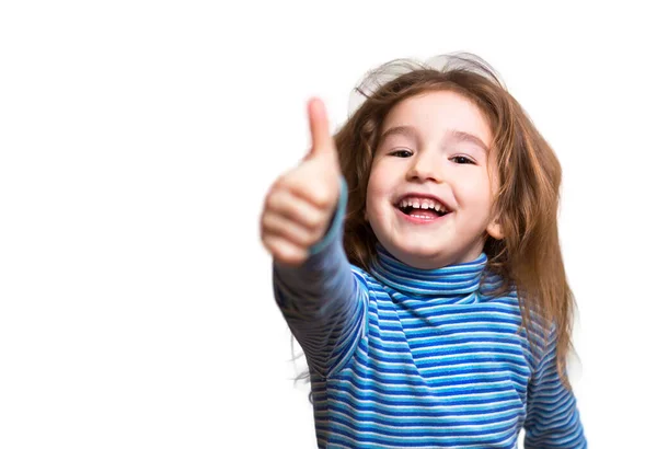 Ein Kleines Mädchen Kaukasischen Aussehens Blau Gestreiften Rollkragen Zeigt Den — Stockfoto