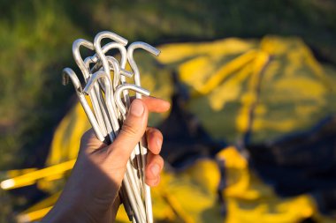 Yakın çekimde turist sarı çadırı kurmak için alüminyum kazıklar. Turizm için hafif ekipman. Açık hava aktiviteleri, toplantı talimatları, yurtiçi eko-turizm. Boşluğu kopyala