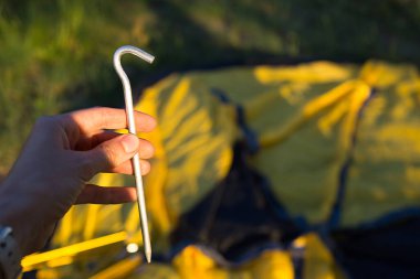 Yakın çekimde turist sarı çadırı kurmak için alüminyum kazıklar. Turizm için hafif ekipman. Açık hava aktiviteleri, toplantı talimatları, yurtiçi eko-turizm. Boşluğu kopyala
