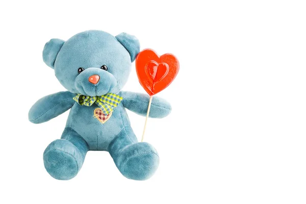 Turquoise Soft Teddy Bear Red Lollipop Heart Stick White Background — Stock Photo, Image