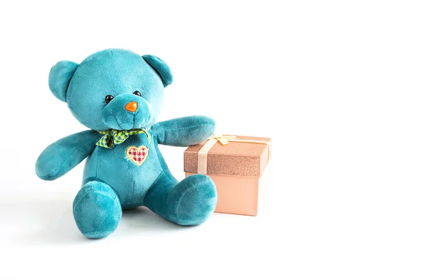 Turquoise Soft Teddy Bear Embroidered Heart Holds Gift Box Bow — Stock Photo, Image