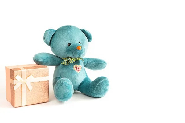 Turquoise Soft Teddy Bear Embroidered Heart Holds Gift Box Bow — Stock Photo, Image