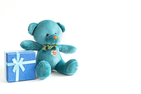 Turquoise Soft Teddy Bear Embroidered Heart Holds Gift Box Bow — Stock Photo, Image