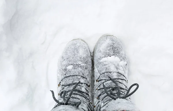 Ботинки Шнурках Покрыты Снегом Зима Снегопад Холод Валяная Обувь Жаропрочность — стоковое фото