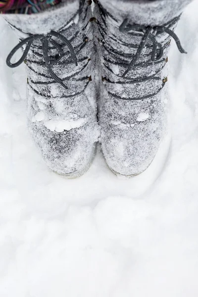 Ботинки Шнурках Покрыты Снегом Зима Снегопад Холод Валяная Обувь Жаропрочность — стоковое фото