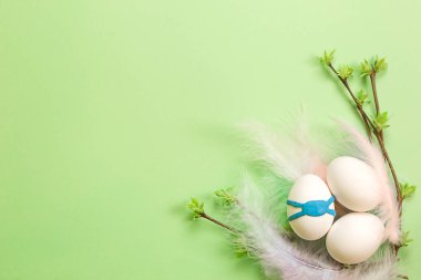 Beyaz Paskalya yumurtaları dallarında yaprak tomurcukları olan renkli tüylerden oluşan hassas bir yuvada. Mavi plastik maskeli bir yumurta bir salgın hastalıktır, virüsten korunmak için. Yay, Boşluğu Kopyala. 