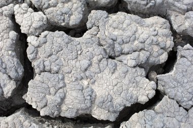 Gri çatlamış toprak dokusu çatlaklarla kurumuş volkanik kil. Nihai Gri. Doğal arkaplan, kopyalama alanı