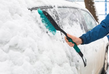 Bir adam kar yağdıktan sonra arabadan kar temizler. Mavi ceketli bir el ve beyaz vücutlu bir araba süpürgesi. Kış havası koşulları