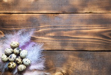 Hassas pastel renkli tüylerin yuvasındaki ahşap bir masada benekli bıldırcın yumurtaları. Paskalya köyü geçmişi, doğal çevre dostu ürünler. Boşluğu kopyala