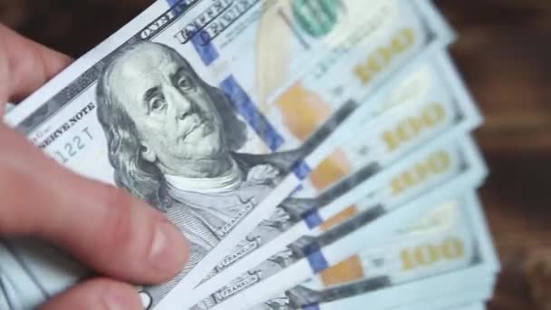 Women Hands Count Money Shift Dollars Wooden Table Flip Bills — 图库视频影像
