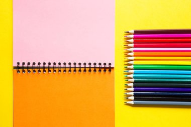 Sarı arka planda spiral bir not defteri olan renkli kalemlerden oluşan gökkuşağı paleti, taklit et, düz yat. Okula dönmek, öğrenci alımı, sanatçı olmak, çizim dersleri. Uzayı kopyala Yaratıcılık için kırtasiye