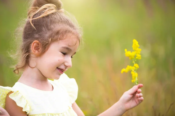 Portrait Cute Girl Field Wild Flower Childhood Holidays Country Freedom — Stock Photo, Image