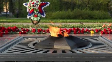 Çiçeklerle süslenmiş, bayraklar ve çelenklerle süslenmiş ebedi ateş savaşta ölen askerler için bir anıt. Askerlerin anıları, İkinci Dünya Savaşı, Büyük Vatanseverlik Savaşı. Zafer Meydanı 'ndaki şehrin simgesi..