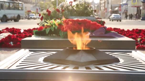 旗や花輪で飾られた花と永遠の炎 戦争で死亡した兵士への記念碑 兵士の記憶 第二次世界大戦 大祖国戦争 勝利の広場の街のランドマーク — ストック動画