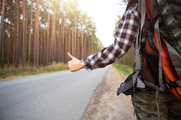 Hand Thumbs Background Highway Hitchhiking Voting Tourist Check Shirt Backpack — Stock Photo, Image