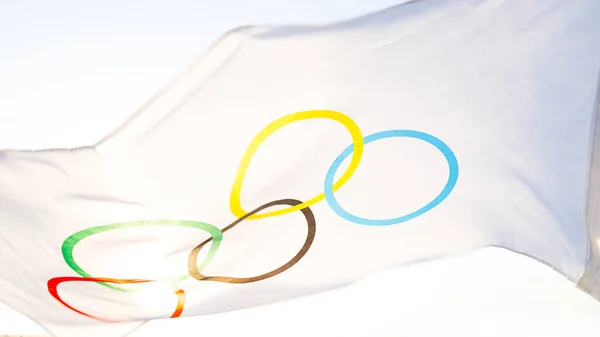 Olympic Flag Flutters Wind Background Sky Sun Close Symbol Olympic — Stock Photo, Image