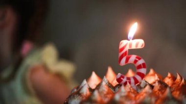 Kız pastada 5 numaralı mumla yanan mumu görüyor ve bir dilek diliyor. Doğum günü, beşinci yıl dönümü, beş yıl, mum ateşi, turuncu yangın. Çocuk tatili. Yakın plan.