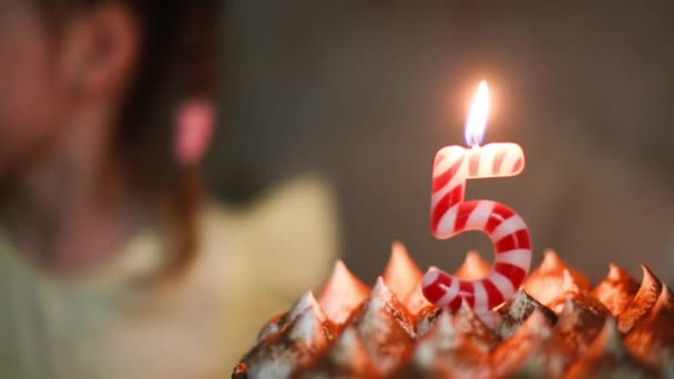 女孩用蛋糕上的5号吹灭了燃烧的蜡烛 许了一个愿 五周年 橙色的火 儿童节 后续行动 — 图库视频影像