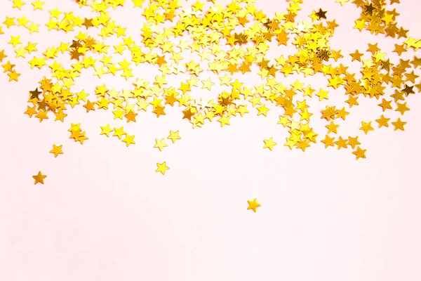 Gold Sequins Shape Stars Shimmer Pink Background Backgrounds Copyspace Holiday — Stock Photo, Image