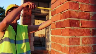 İnşaat işçisi, pencere açıklığının uzunluğunu ve tuğla duvarın uzunluğunu mezurayla ölçüyor. Kulübe gözenekli beton bloklar, koruyucu giysiler - kalın şapka ve yelek