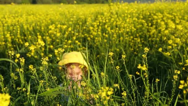 Дівчина Жовтому Капелюсі Ховається Високій Траві Вистрибує Сонце Літньому Квітучому — стокове відео