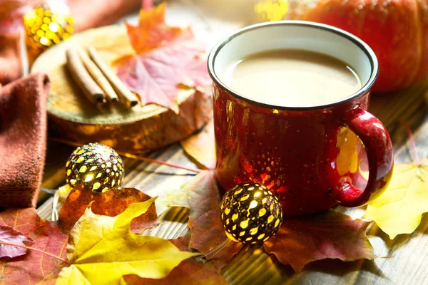 Düşmüş akçaağaç yapraklı sıcak kakaolu kırmızı bardak, yuvarlak lambalar, çelenkler, tarçın çubukları, sıcak battaniye. Sonbahar atmosferi, ılık kahve, beyaz kazaklı kadın elleri, rahatlık ve rahatlık.