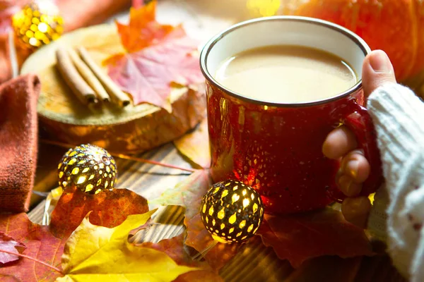 Düşmüş akçaağaç yapraklı sıcak kakaolu kırmızı bardak, yuvarlak lambalar, çelenkler, tarçın çubukları, sıcak battaniye. Sonbahar atmosferi, ılık kahve, beyaz kazaklı kadın elleri, rahatlık ve rahatlık.