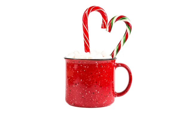 Red Mug Marshmallows Caramel Candy Cane Shape Heart White Background — Stock Photo, Image