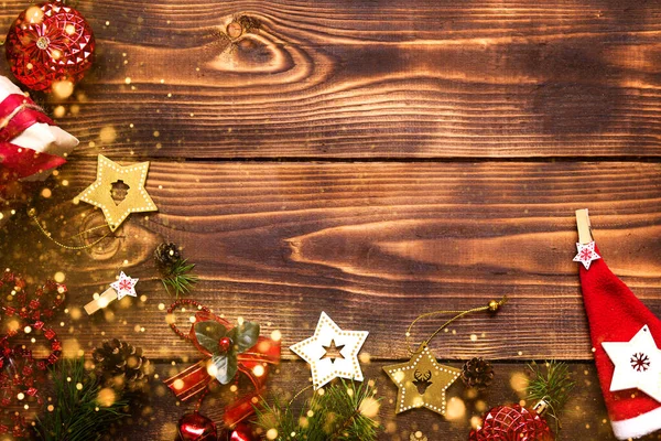 Frame Met Kerstdecor Een Houten Achtergrond Nieuwjaar Vakantie Sfeer Groene — Stockfoto