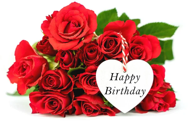 Lindas Rosas Vermelhas Coração Branco Feliz Aniversário Cartão Felicitações Com — Fotografia de Stock