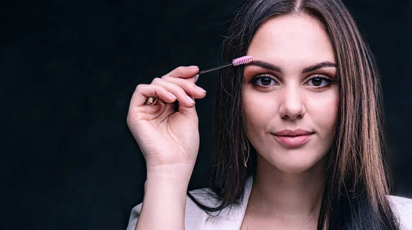 Morena Sorridente Com Escova Mestre Das Sobrancelhas Cara Menina Bonita — Fotografia de Stock