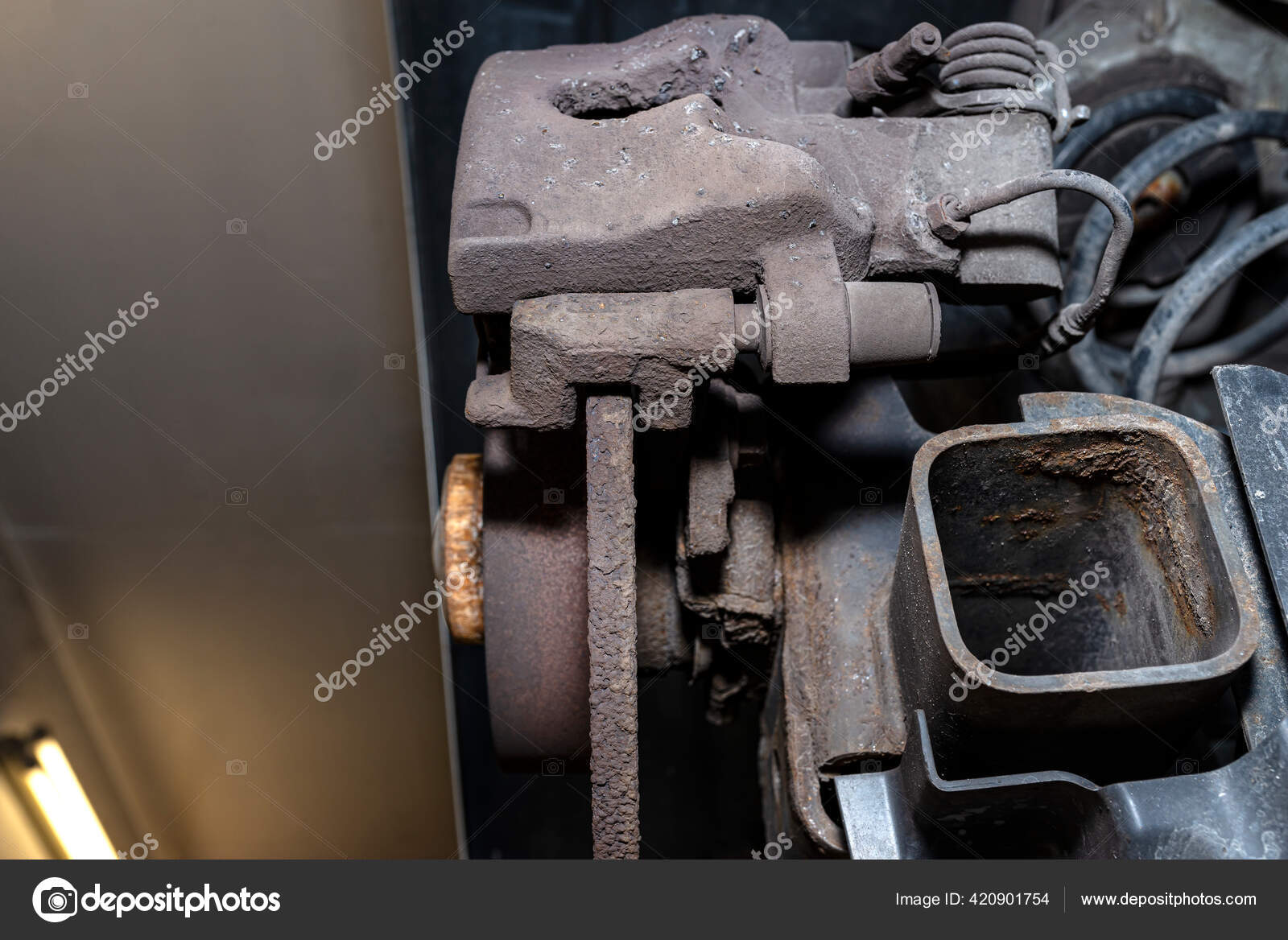 Old Damaged Rear Brake Discs Caliper Brake Pads Car Car Stock Photo by