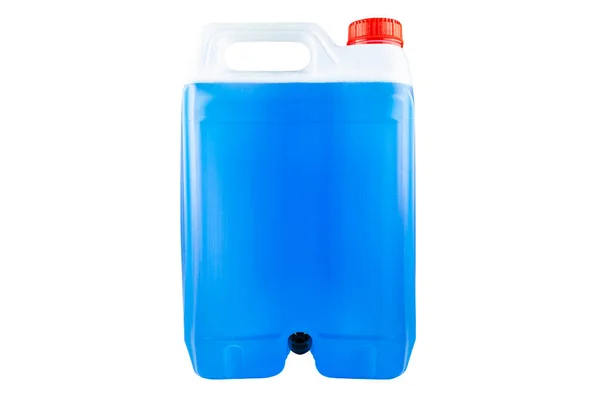 Winter blue windshield washer fluid in a five liter bottle, closed with a red cap and with a funnel at the bottom, isolated on a white background with a clipping path.