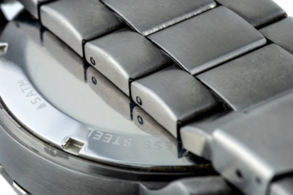 Una Macro Toma Una Caja Reloj Acero Inoxidable Metal Oscuro —  Fotos de Stock