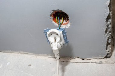 Duvardan çıkan çift elektrik prizi, elektrik kablolarına tutunuyor..