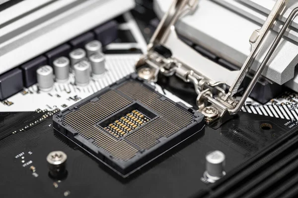 Macro Shot Empty Modern Lga 1200 Socket Cpu Black Desktop — Stock Photo, Image